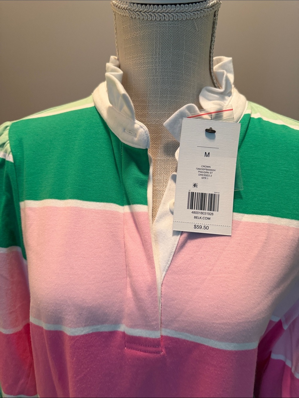Crown & Ivy Striped Puff-Sleeve Dress in Pink & Green Size Med - Picture 4 of 12